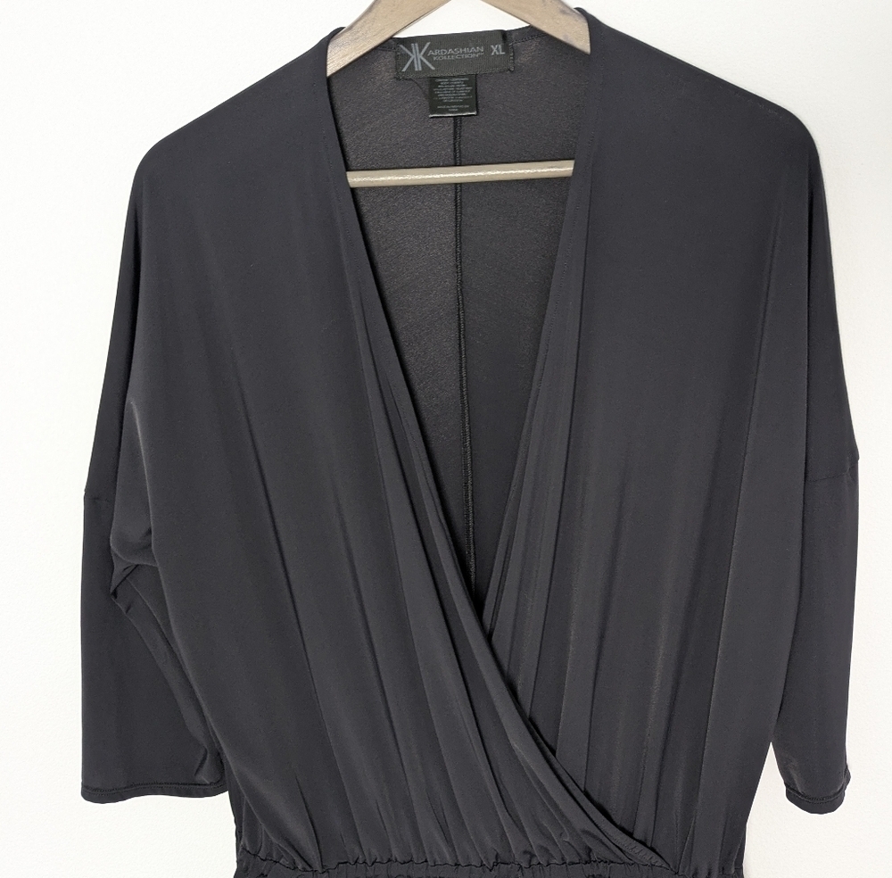 EUC Kardashian Kollection Slinky Soft Stretchy Smooth Wrap Romper Black Sz XL - Picture 2 of 11